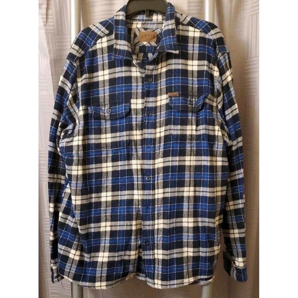Orvis Heavy Flannel Shirt Jacket Mens XL Blue Plaid Hand Pockets‎ Cotton Shacket
